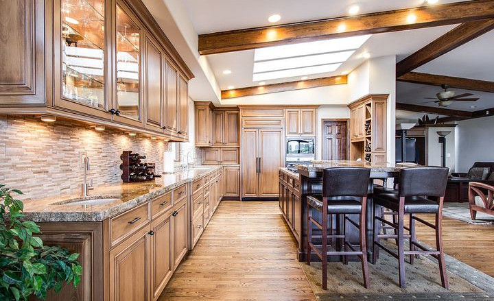 Large modern kitchen with beams.