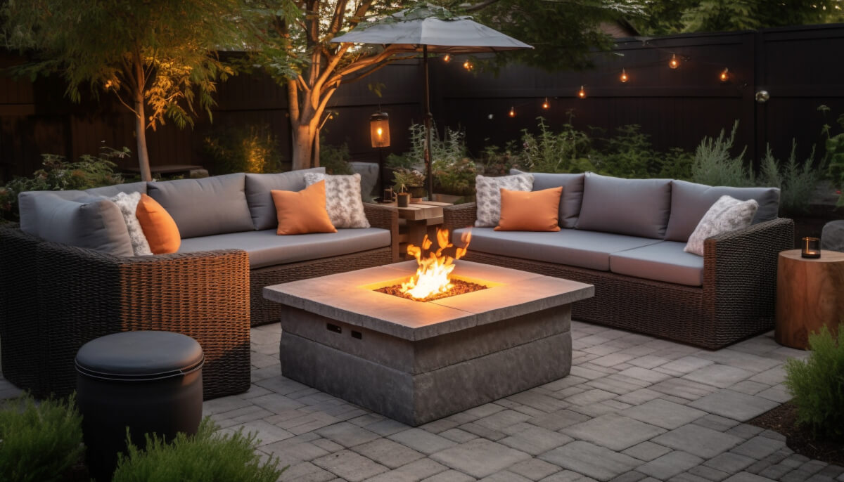 Outdoor patio with furniture and a fire