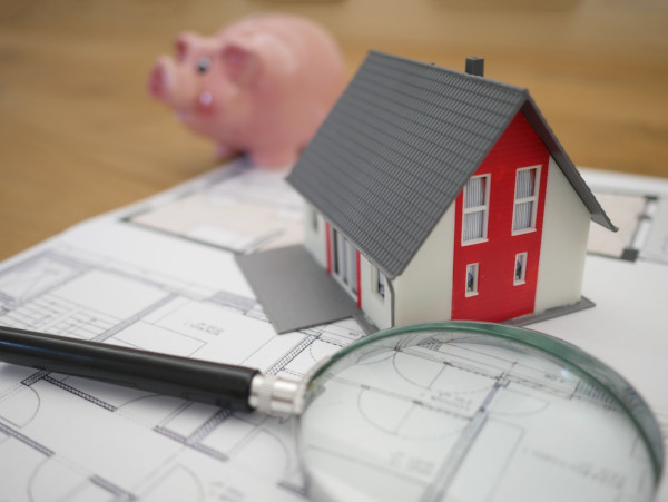 house on top of papers, magnifying glass, pig