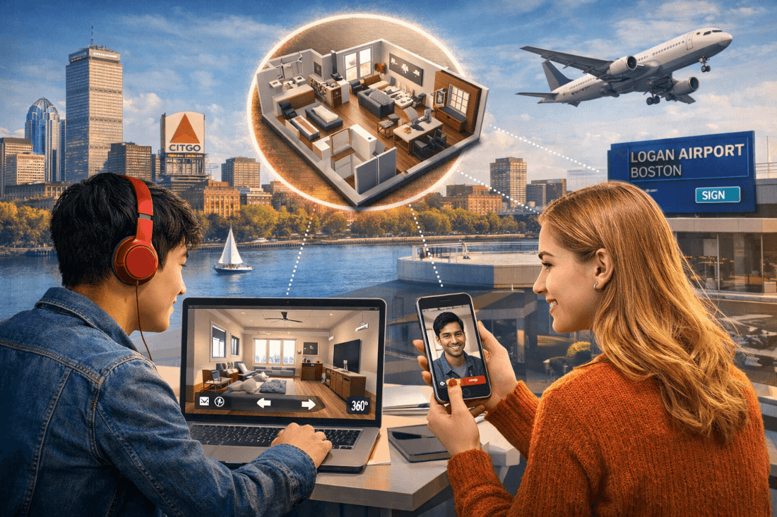 People using 3d-rendering to find an apartment for rent in Boston. Image by ChatGPT