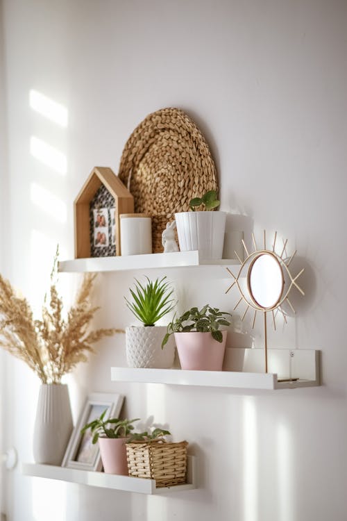 White shelves on a wall. Plants, frames, mirrow, decor