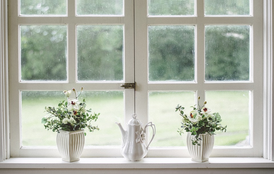 Flowers in a window. White window frames, white plant post for the flowers, white coffee can