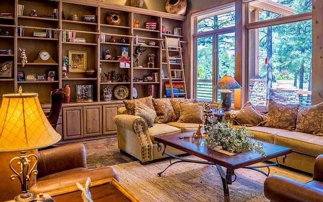 Livingroom, shelves, large windows