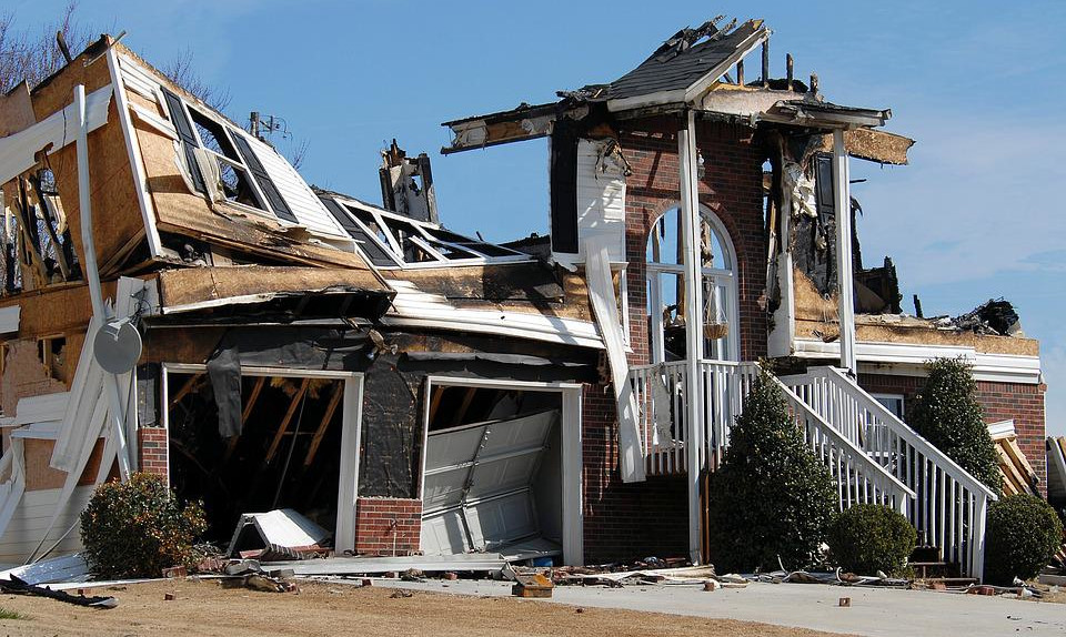 A house that has been damaged from a house fire.