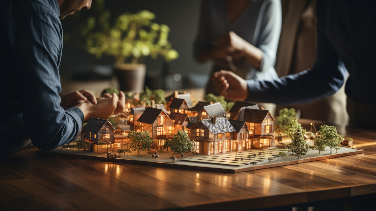 people looking at lit up miniature houses sitting on on a table