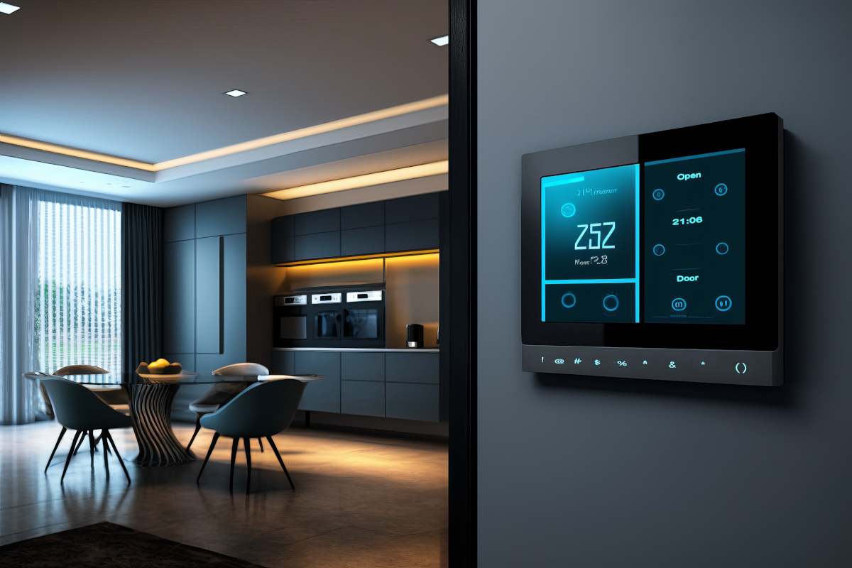 kitchen, smart tablet on a wall	