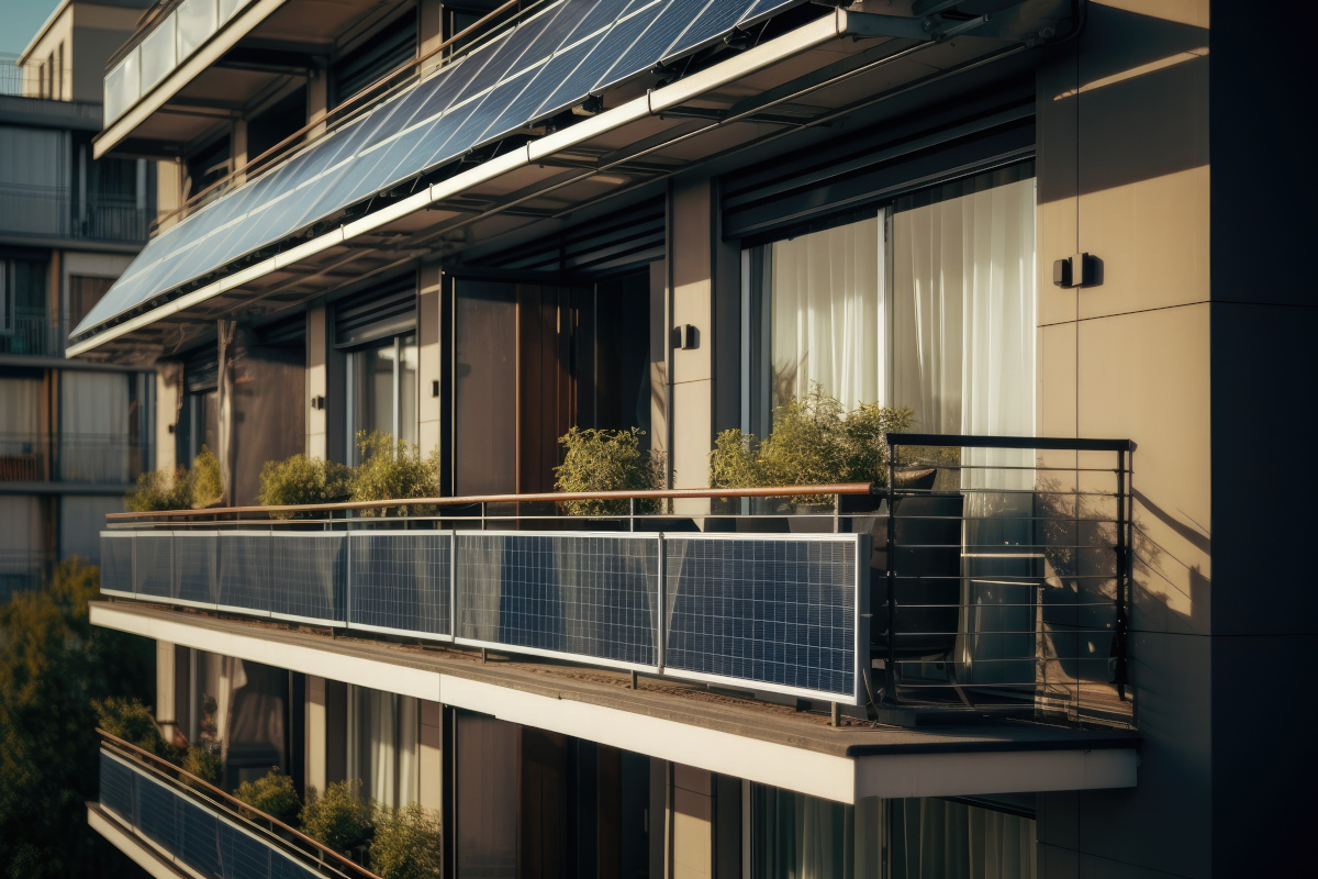 apartment building with solar panels on the balconies