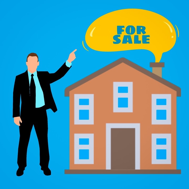 illustration of a man pointing at a for sale sign over a house
