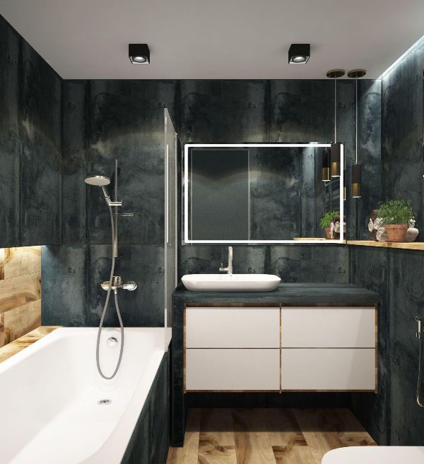 Modern, black bathroom, bathtub, hardwood floors