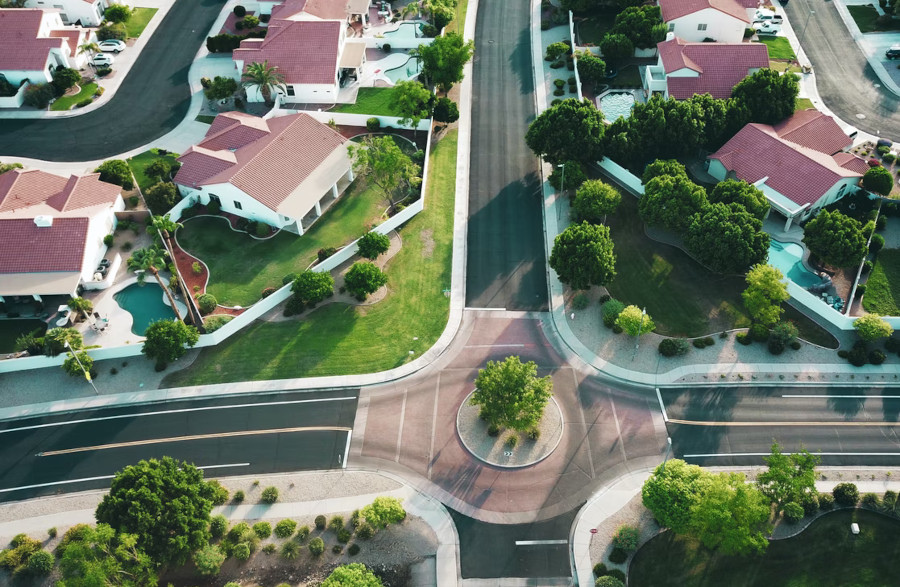 Arial view of houses and streets