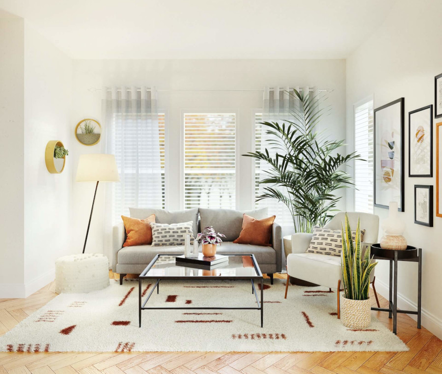 Room with furniture and plants, light colors