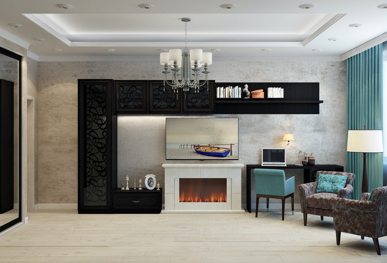 livingroom, fireplace, large tv