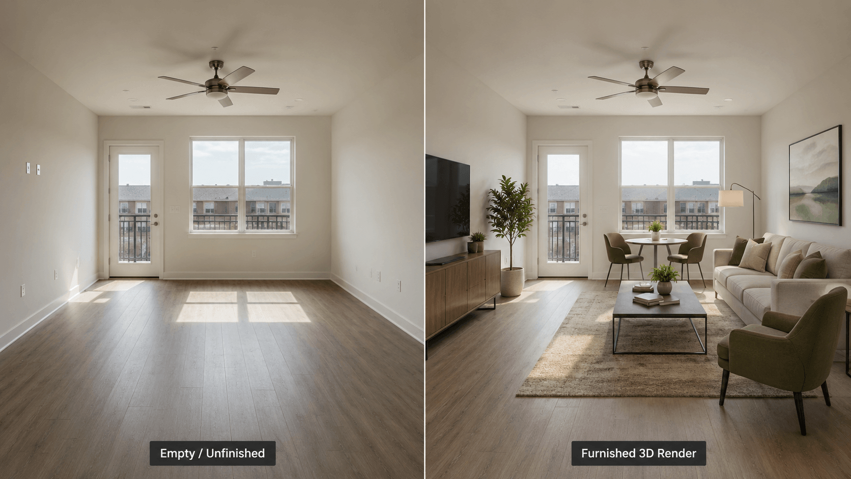 3D rendering of a modern apartment living room and kitchen used in a rental listing