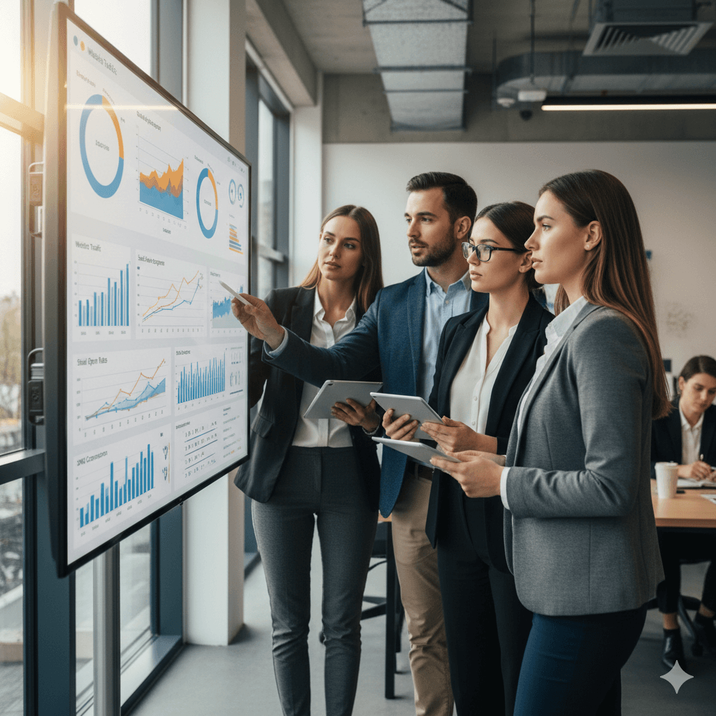 Business professionals review analytics from multi-channel marketing campaigns. Image by Gemini