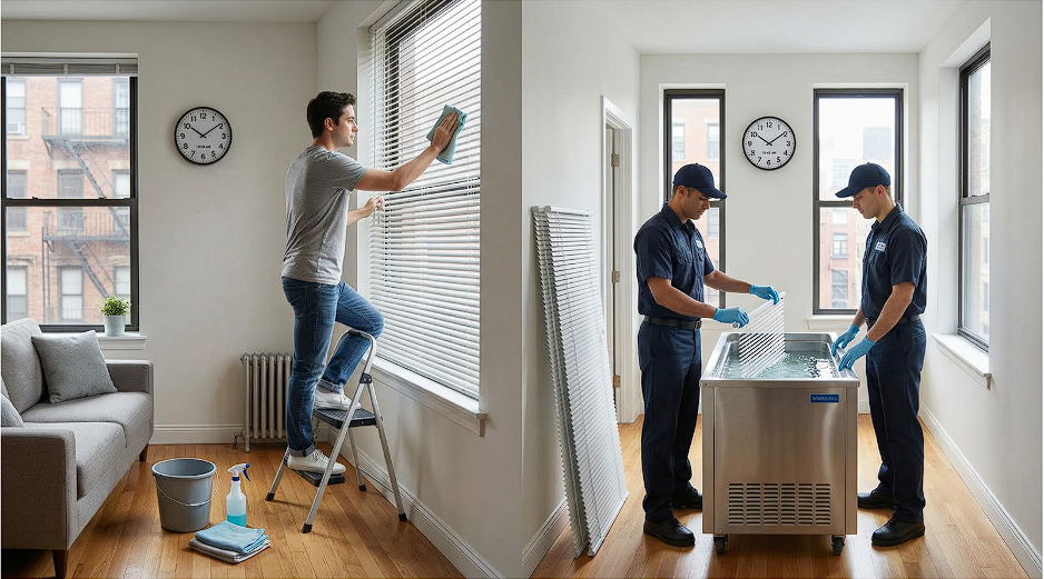 Person cleaning window blinds