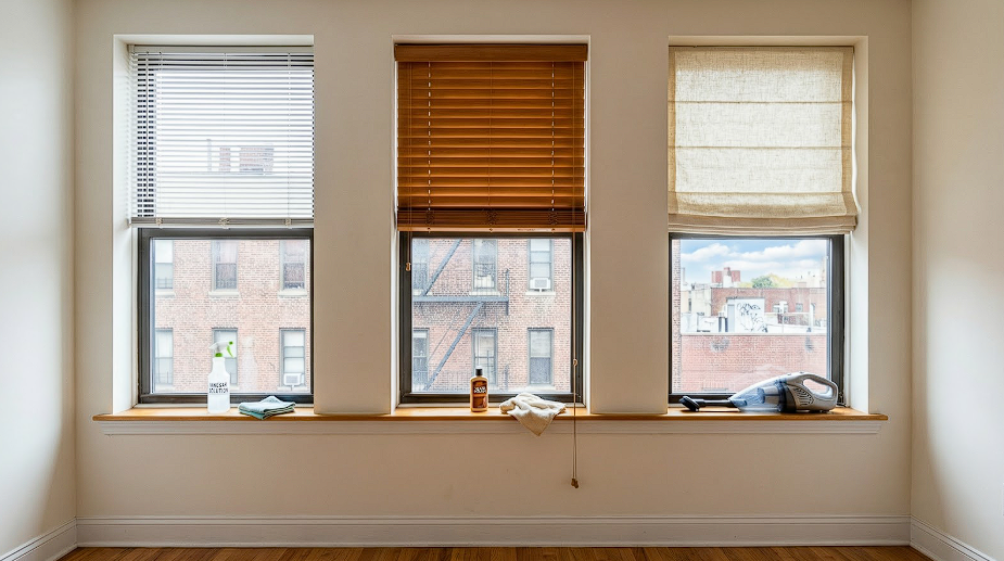 3 windows with different window blinds