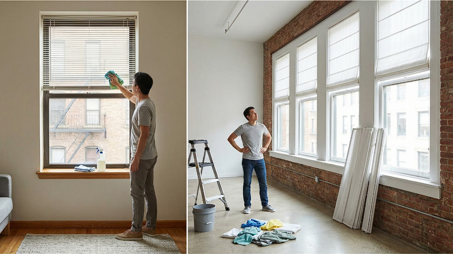 Person cleaning window blinds