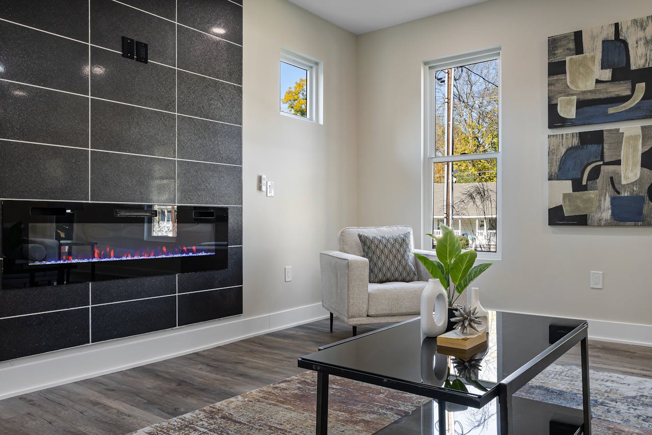 Electric fireplace in a livingroom. Image by Pexels