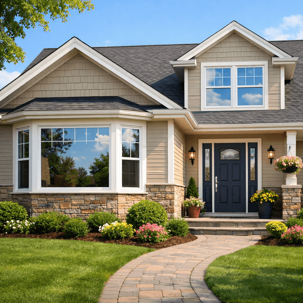The image showcases a charming suburban home in Whitehall, PA, with large, elegant windows reflecting a clear blue sky, a stylish front door, and pristine siding, all set against a lush green lawn and welcoming pathway, embodying quality workmanship and family-oriented values in a warm, inviting atmosphere. Image by Chatgpt