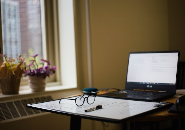 laptop on a desk, plants in window