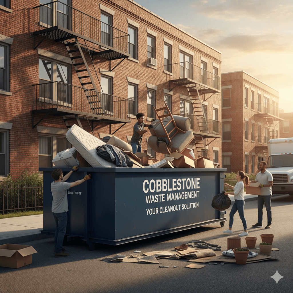 People putting trash in a dumpster. Image by AI