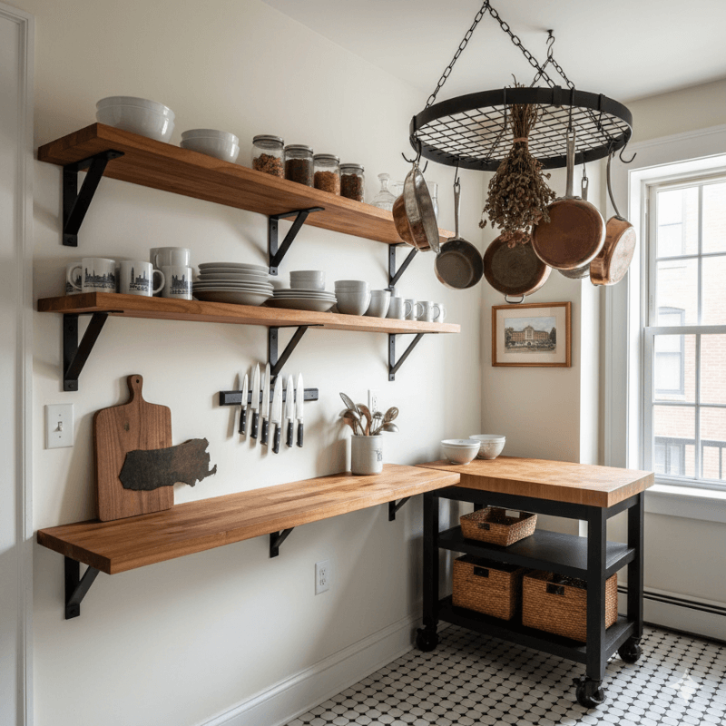 Kitchen Interior Image with Open Shelving and Pot Rack.