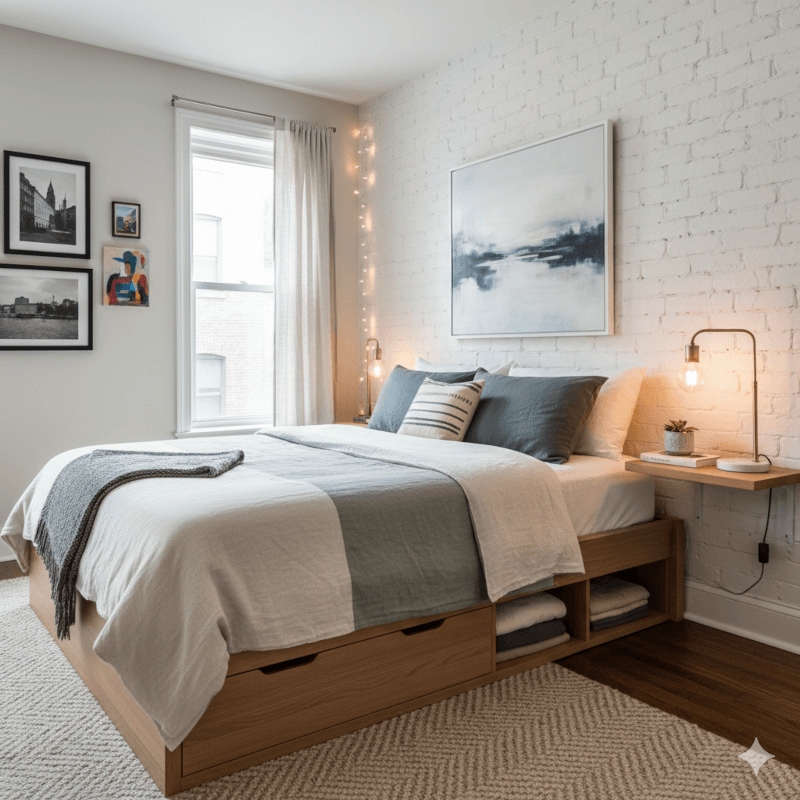 Bedroom Interior Image with Storage Bed and Warm Lighting
