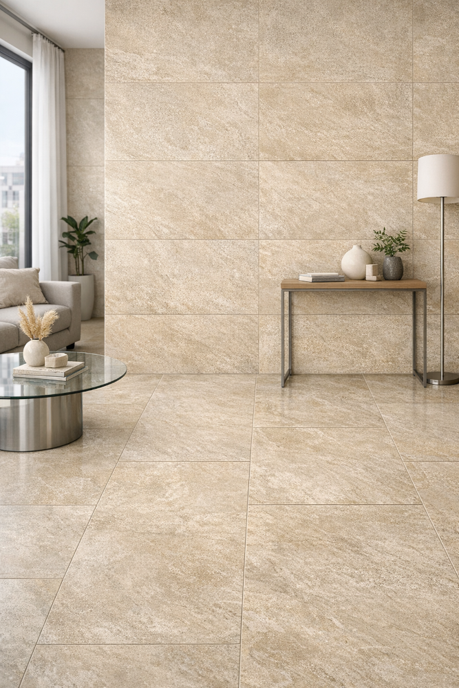 Livingroom with large tile floor and walls. Image by Chatgpt.