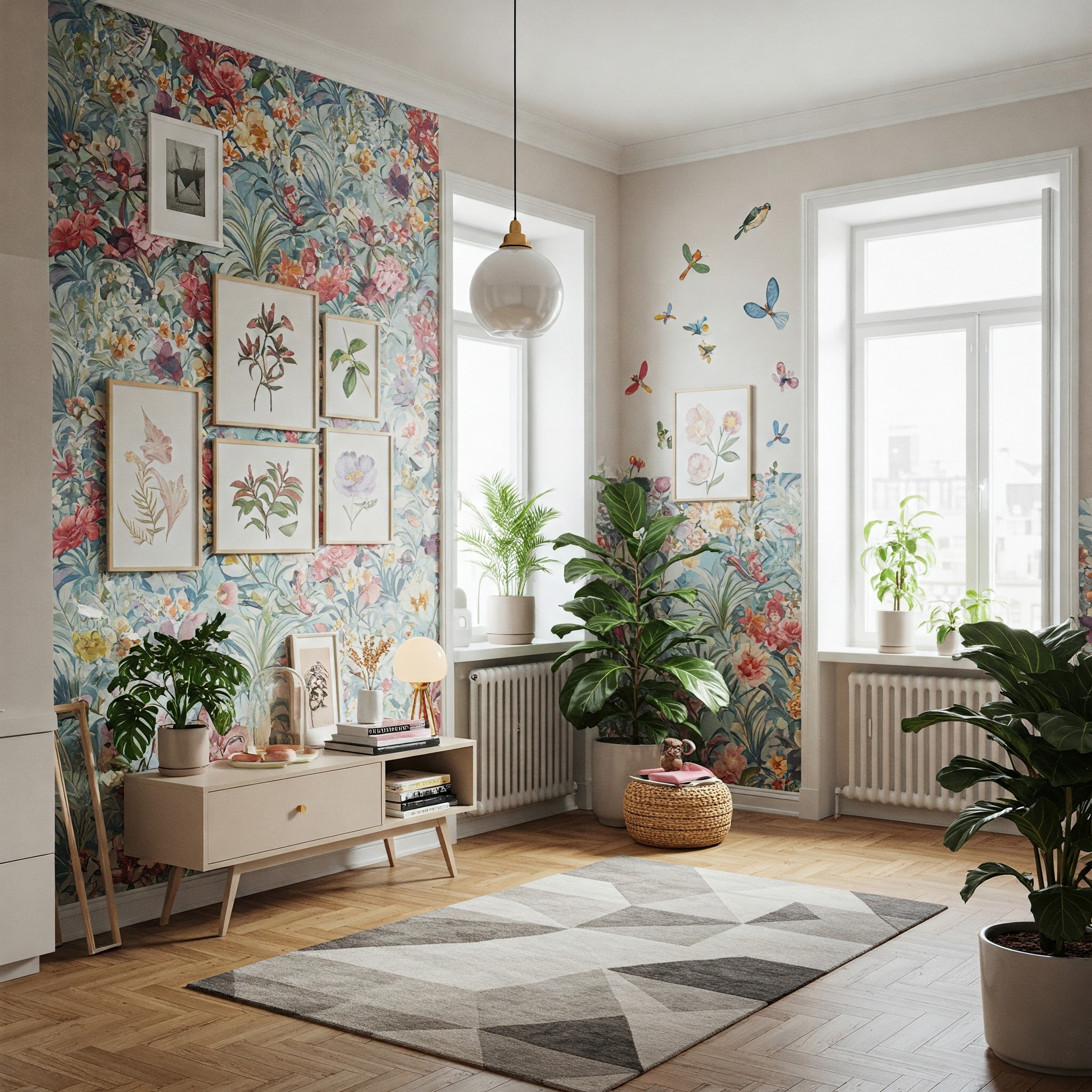 HPeel-and-stick wallpaper with a floral design, artwork on wall, area rug, indoor plants. Image by Gemini