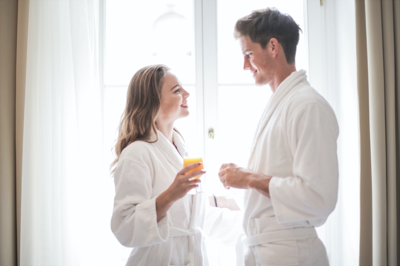 A couple in bathrobes