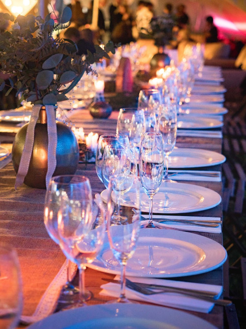 plates and wine glasses on a table