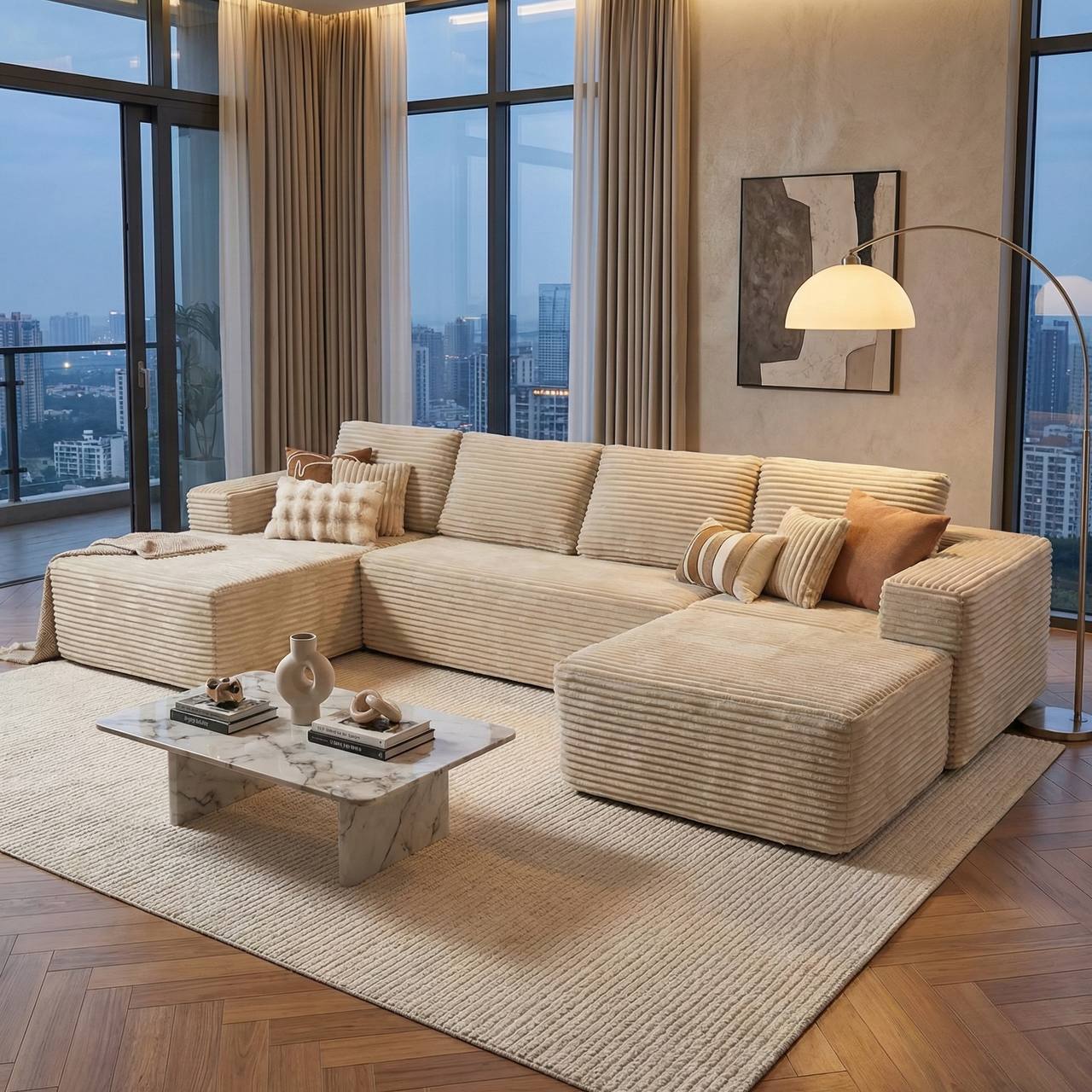 Bedroom, bed, nighttable, large windows