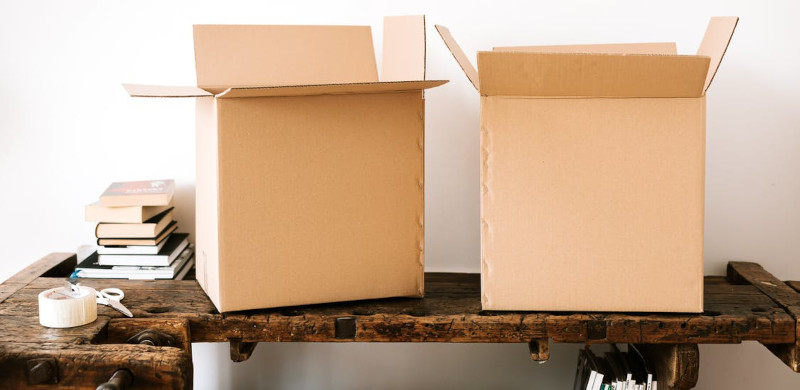 Boxes on a table, books