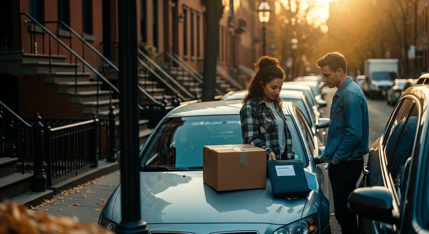 wo people talking, box and paperwork on car. Image by Gemini