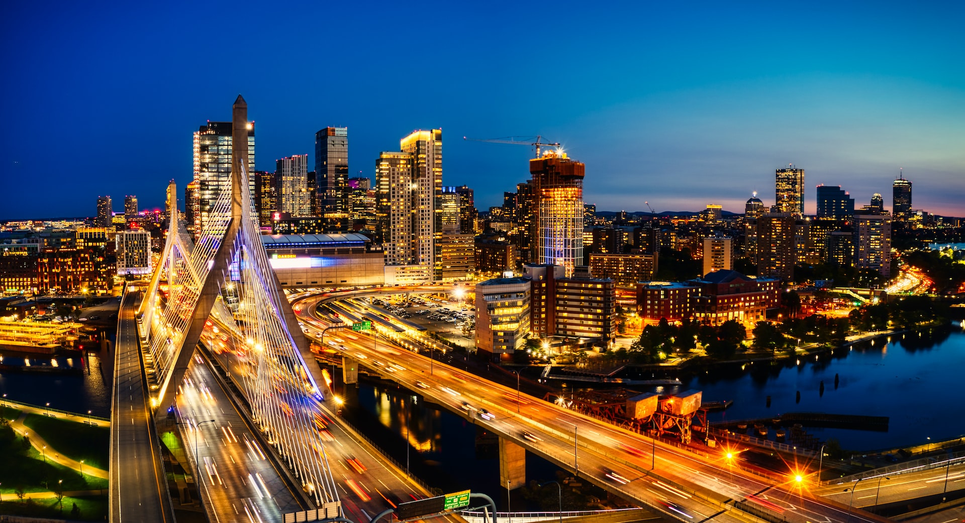 Arial view of Boston, nightime view