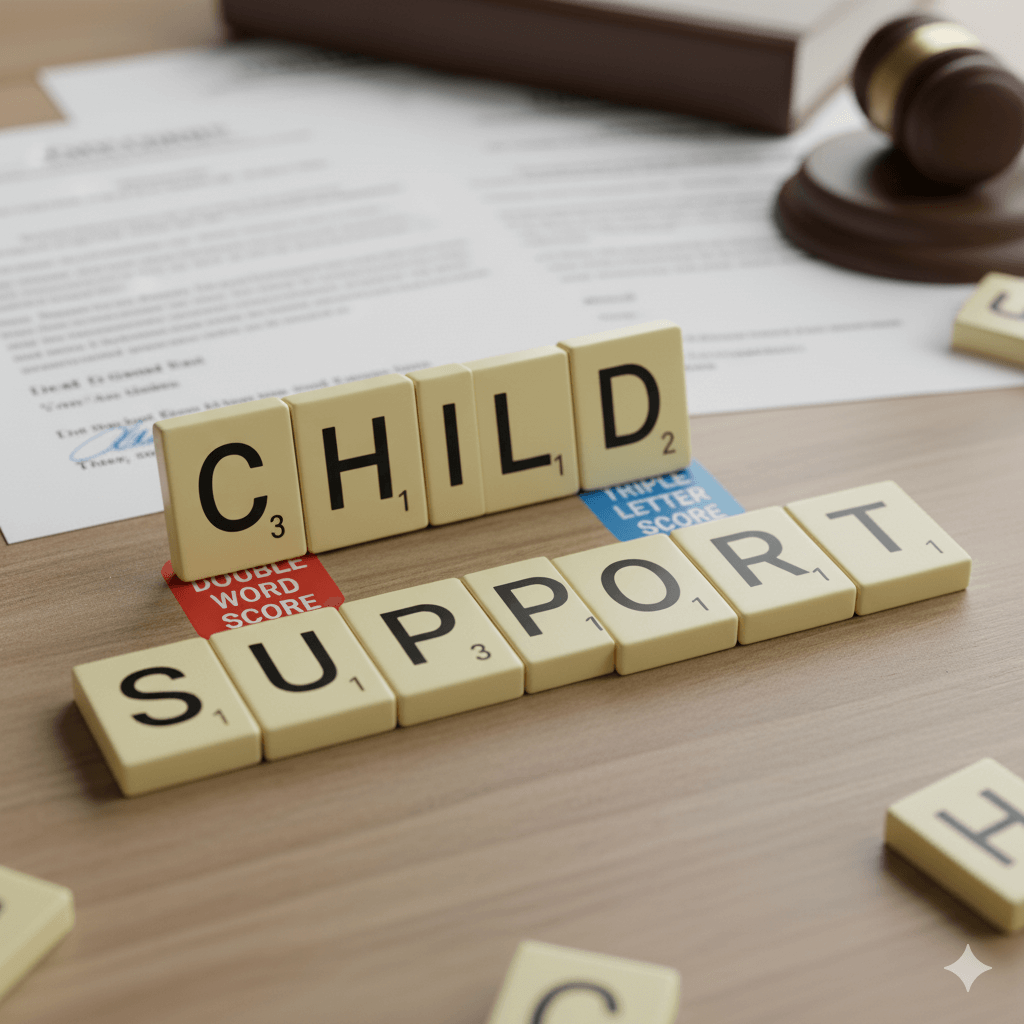 Child support written with Scrabble letters, legal documents in the background. Image by Gemini
