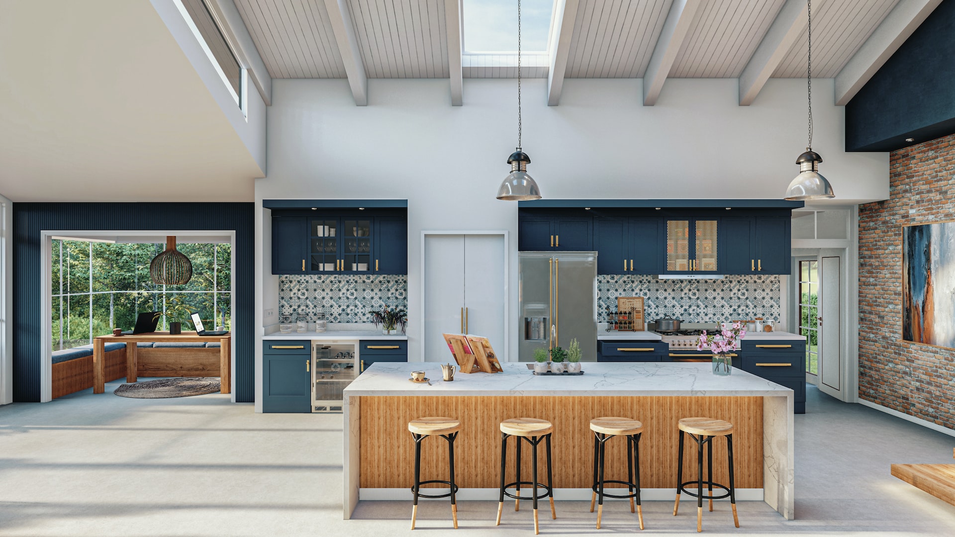 Kitchen, blue cabinets, large island