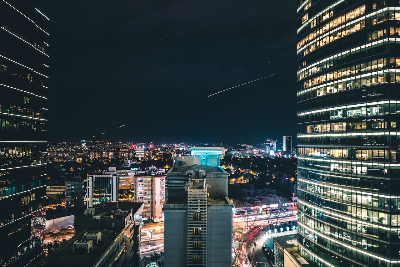 high rise buildings at night