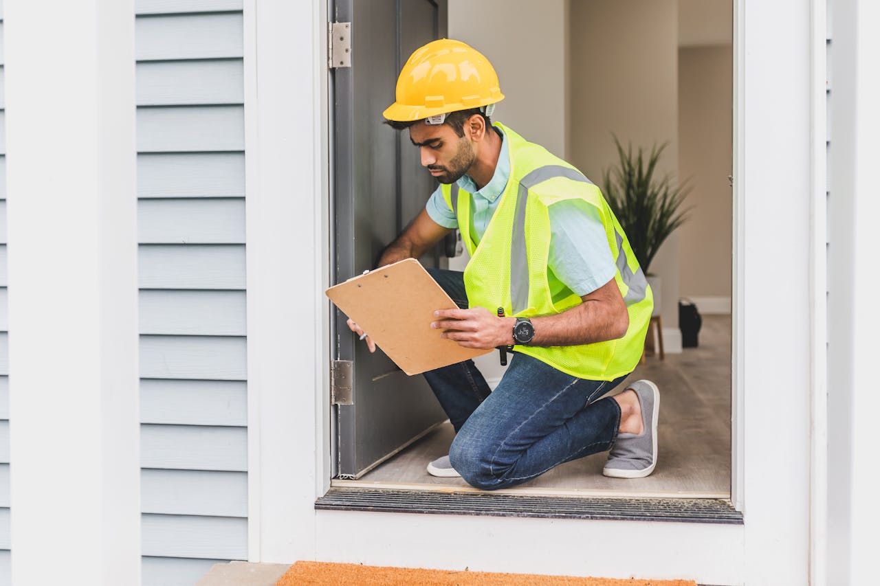 Home inspector in yellow vest and yellow hard hat. Image by Pexels
