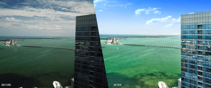 before and after photo of ocean and building