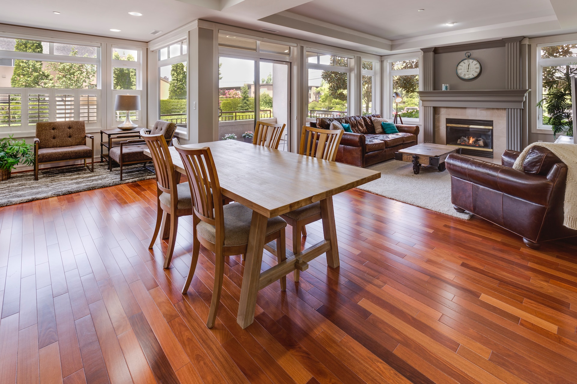 Hardwood floors, staircase, plant on the floor