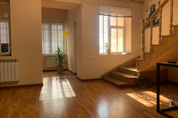 Hardwood floors, staircase, plant on the floor