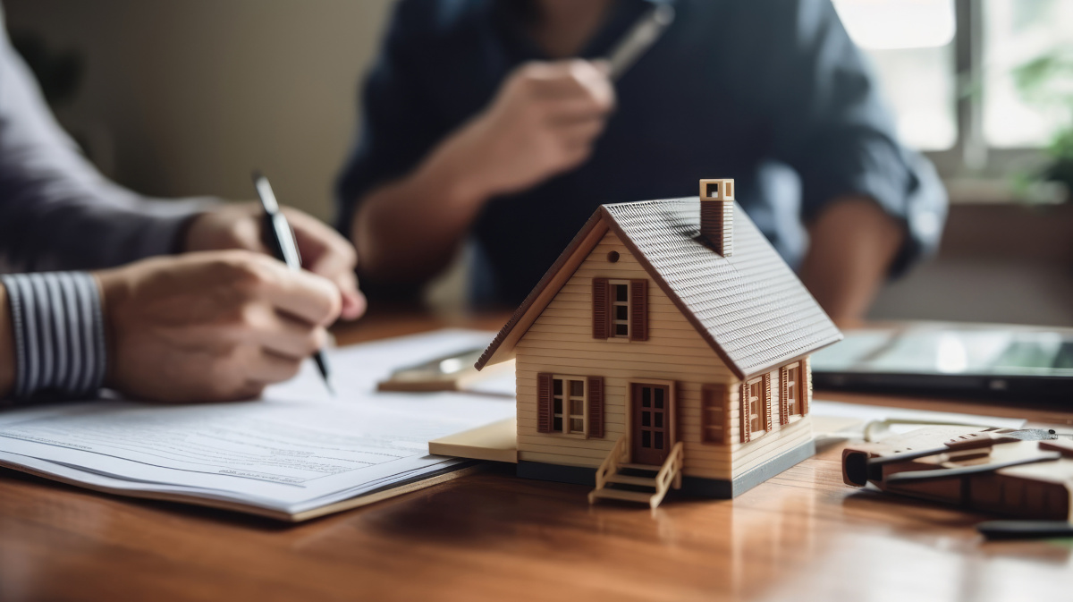 house on a desk, people in the background