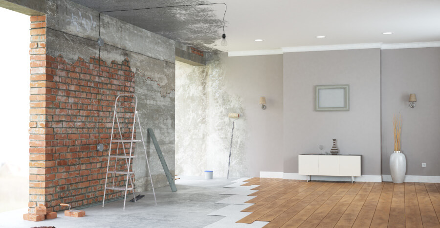 Before and after renovation, brick wall, hardwood floor, ladder