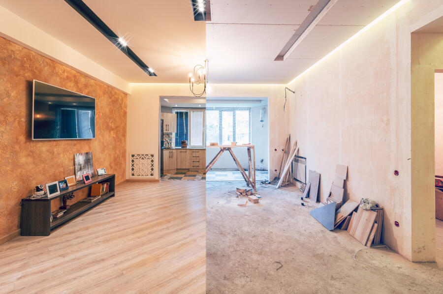Before and after renovation, livingroom/kitchen, hardwood floor
