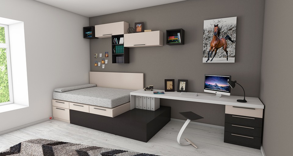 Bedroom, desk, shelving on wall